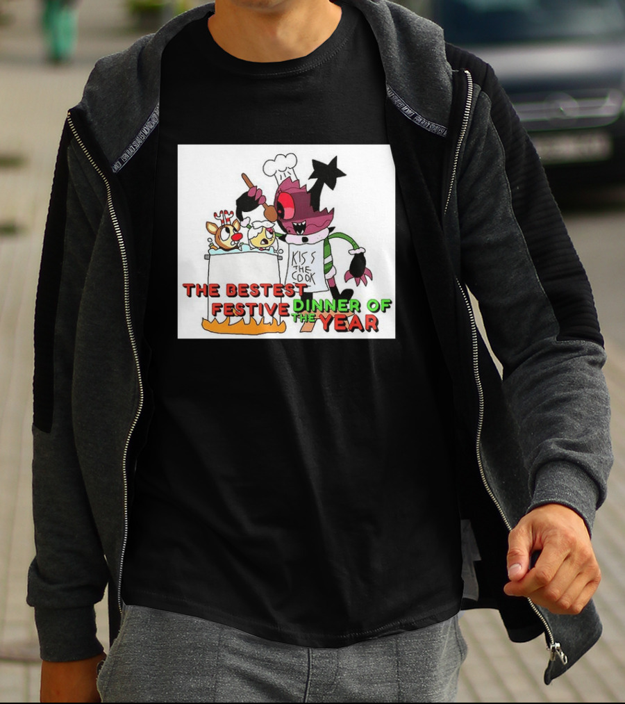The Bestest Festive Dinner Of The Year Kiss The Cook Chef Monster Reindeer Cooking T-Shirt