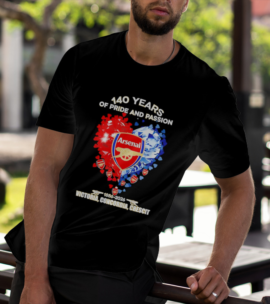 Arsenal 140 Years Of Pride And Passion Victoria Concordia Crescit 1886 2026 Heart Badge Crest T-Shirt