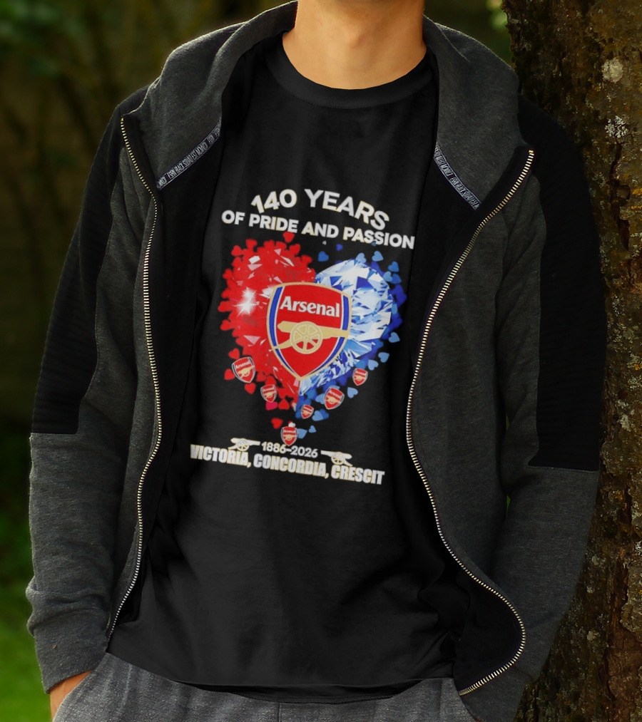 Arsenal 140 Years Of Pride And Passion Victoria Concordia Crescit 1886 2026 Heart Badge Crest T-Shirt