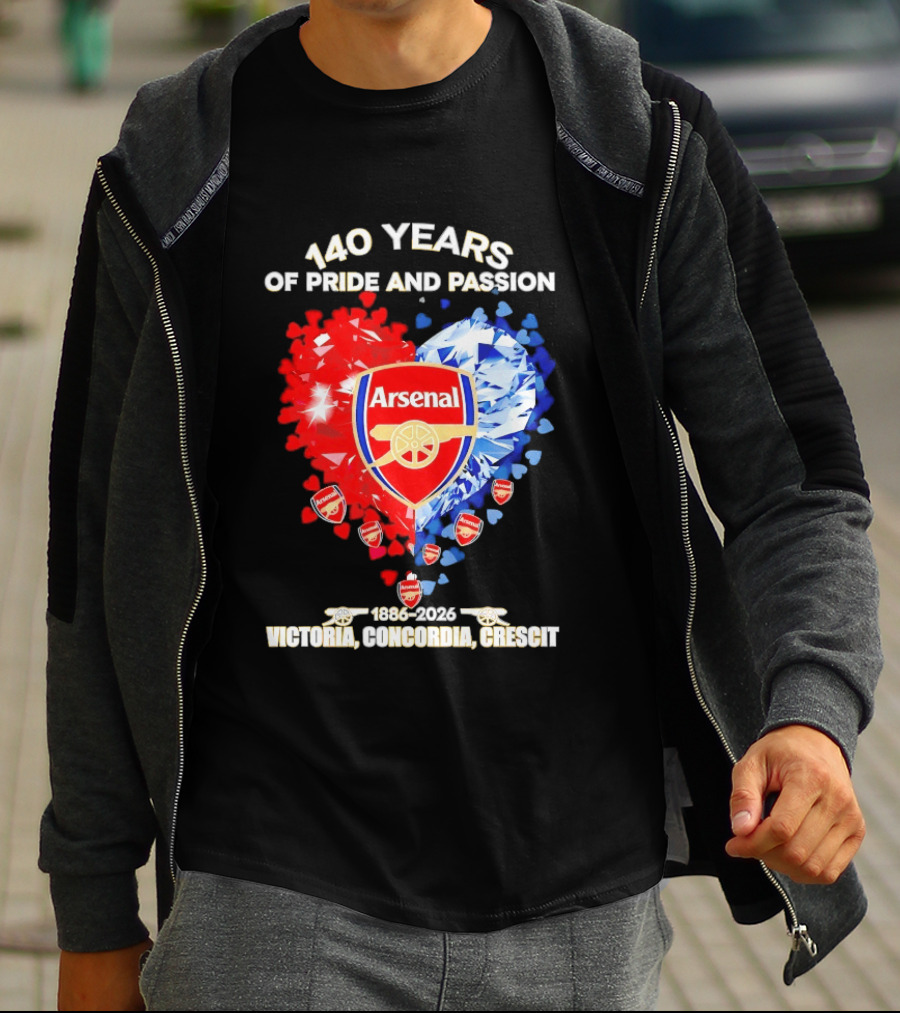 Arsenal 140 Years Of Pride And Passion Victoria Concordia Crescit 1886 2026 Heart Badge Crest T-Shirt