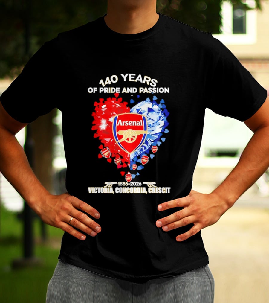 Arsenal 140 Years Of Pride And Passion Victoria Concordia Crescit 1886 2026 Heart Badge Crest T-Shirt