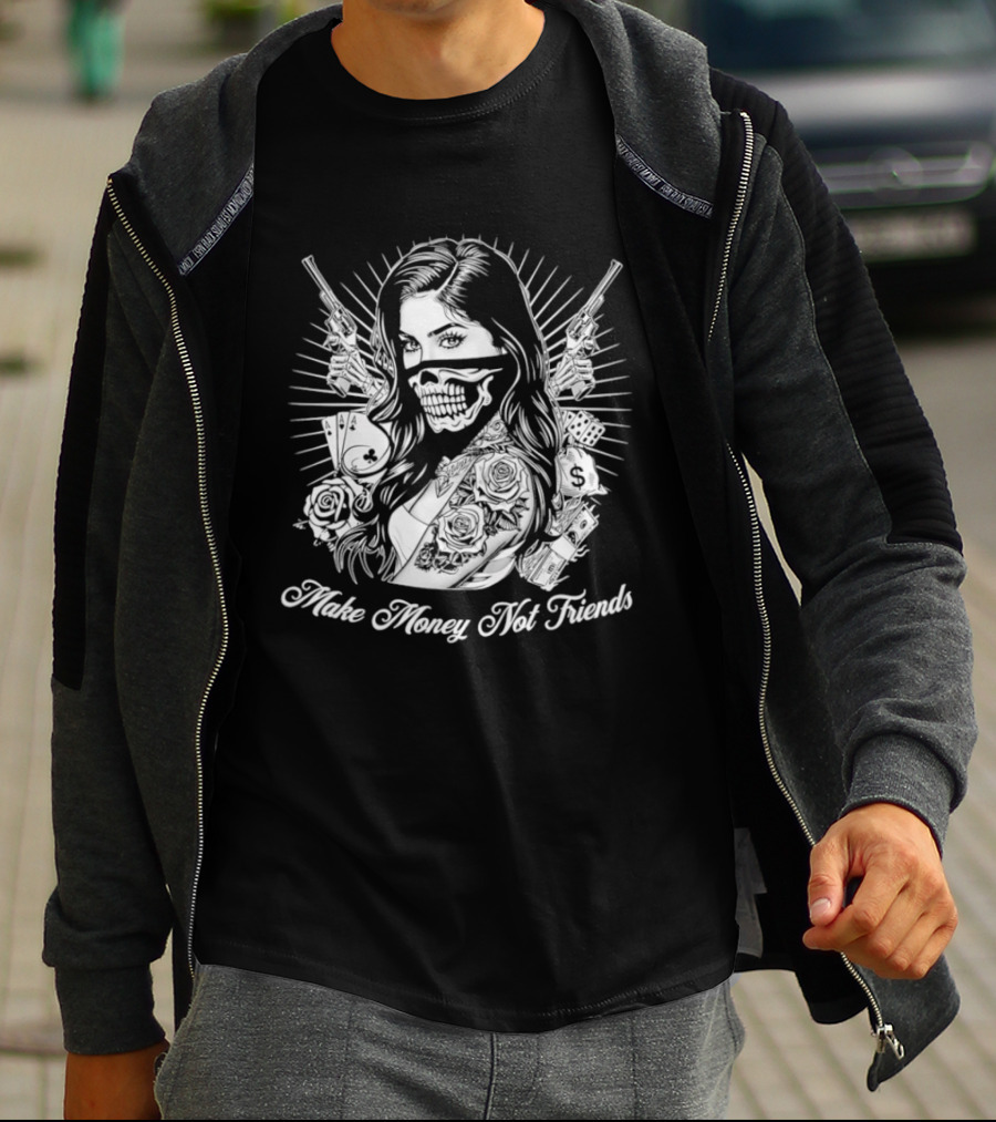 Girl Skull Mask Guns Make Money Not Friends T-Shirt