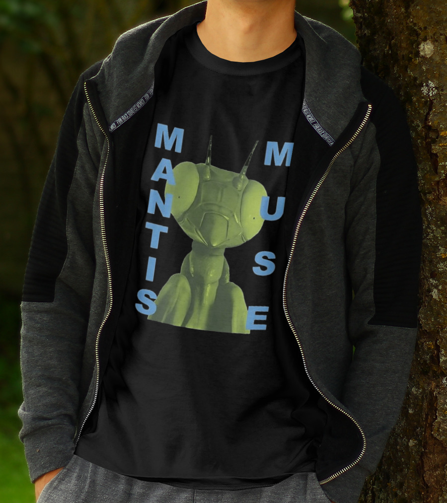 David Shrigley Mantis Muse Green Illustration With Blue T-Shirt