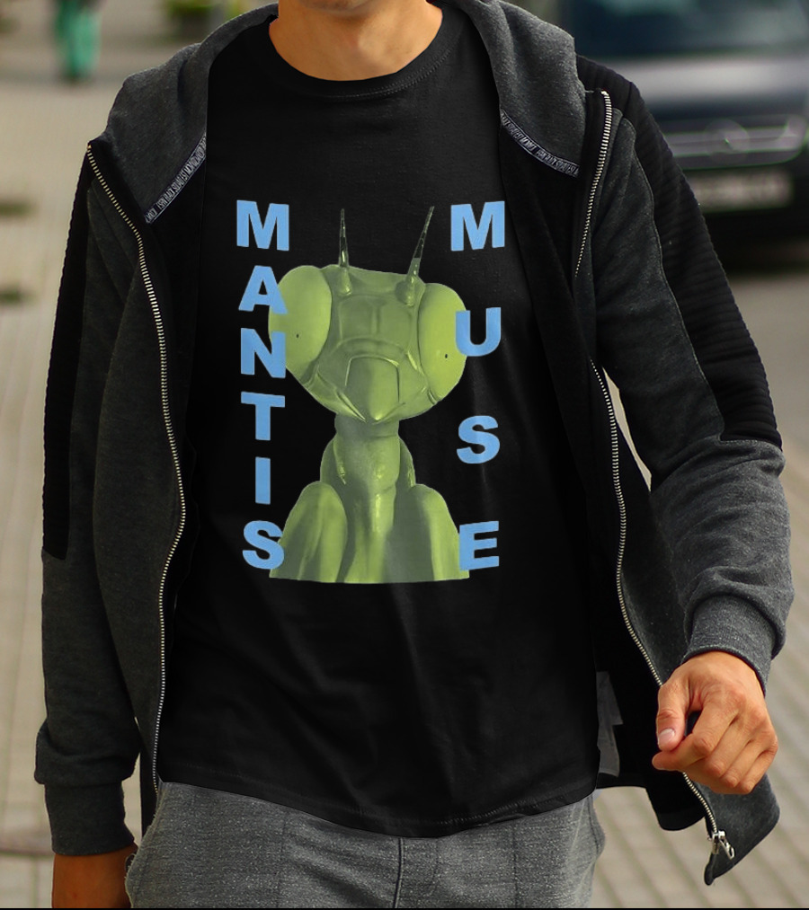 David Shrigley Mantis Muse Green Illustration With Blue T-Shirt