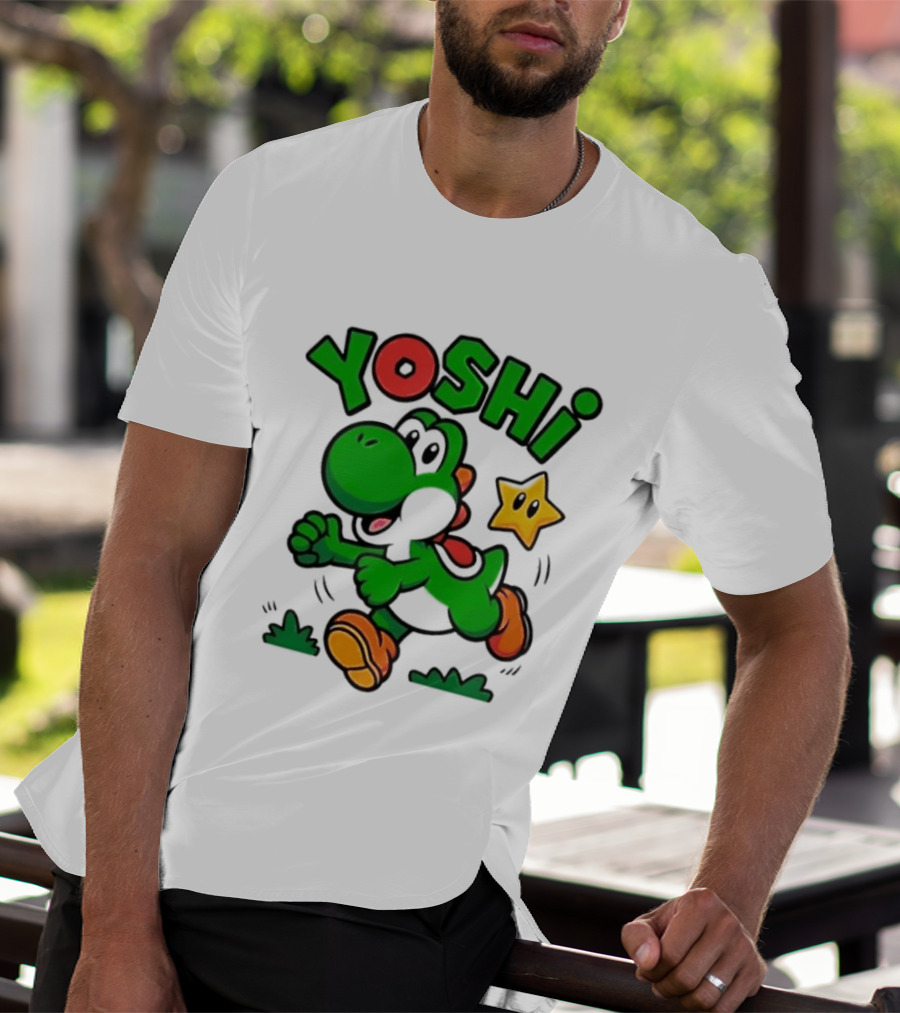Yoshi Super Mario Green Dinosaur Running With Star T-Shirt