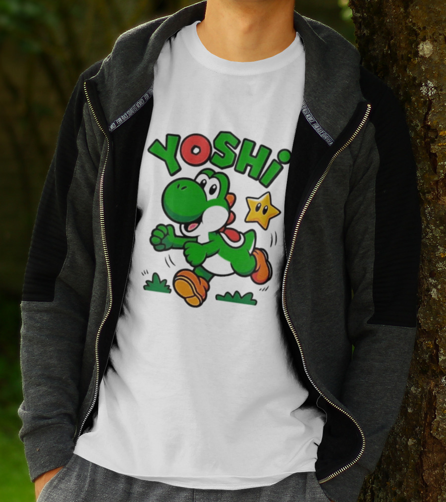 Yoshi Super Mario Green Dinosaur Running With Star T-Shirt