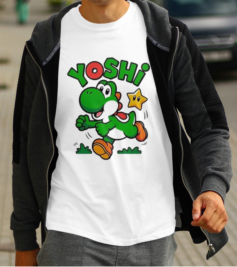 Yoshi Super Mario Green Dinosaur Running With Star T-Shirt