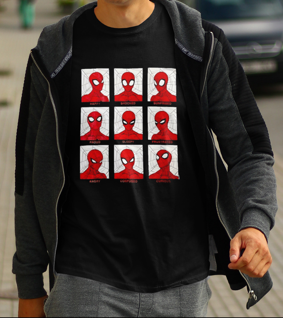 Spider Man Emotional States Happy Shocked Surprised Proud Sleepy Frustrated Angry Confused Curious T-Shirt