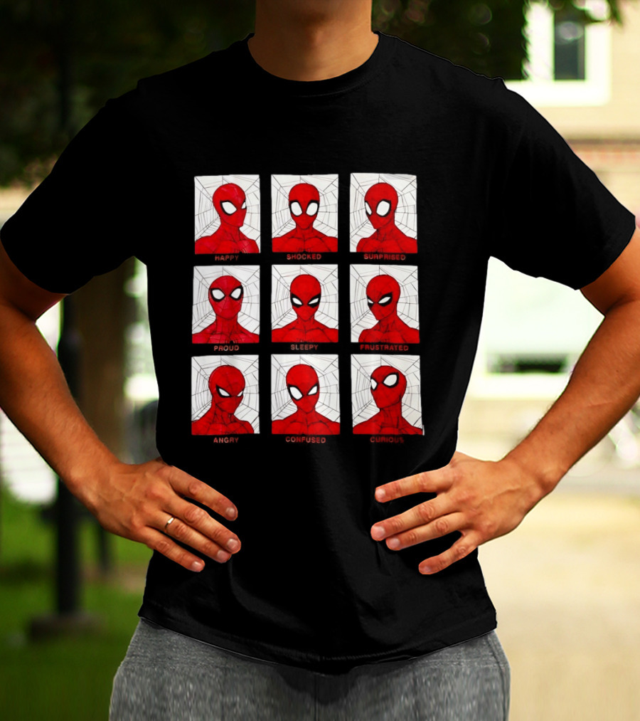 Spider Man Emotional States Happy Shocked Surprised Proud Sleepy Frustrated Angry Confused Curious T-Shirt