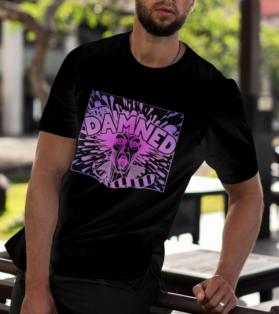 THE DAMNED Horror Face Neon Splatter Purple Black T-Shirt