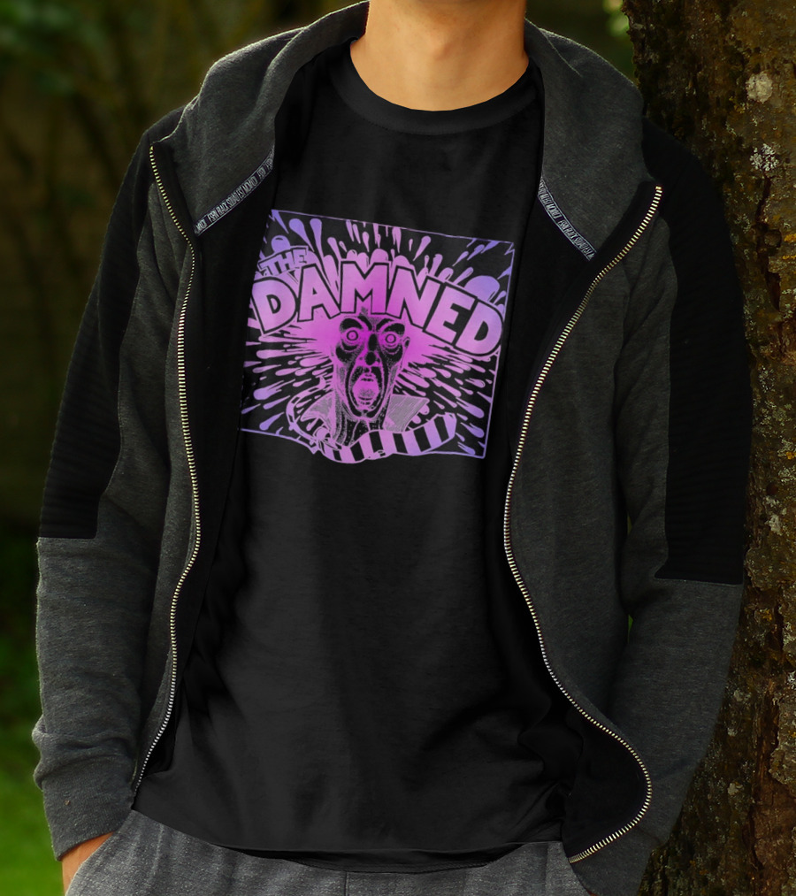 THE DAMNED Horror Face Neon Splatter Purple Black T-Shirt