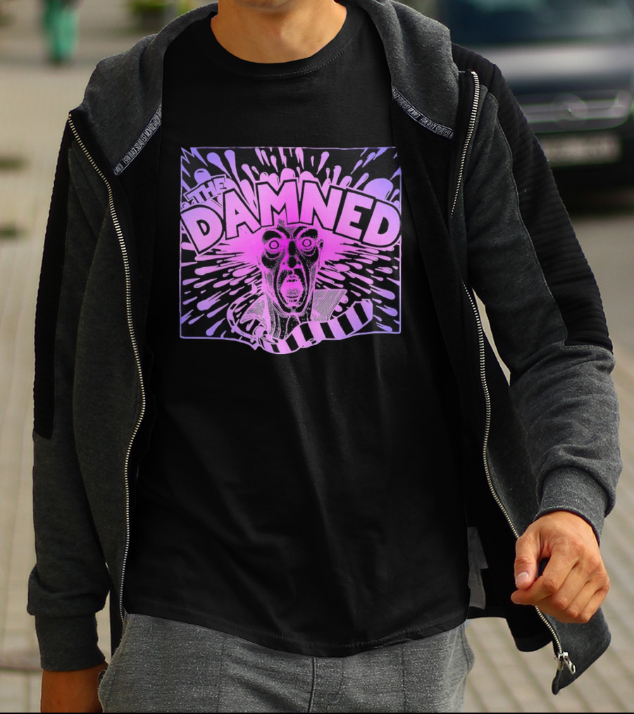 THE DAMNED Horror Face Neon Splatter Purple Black T-Shirt