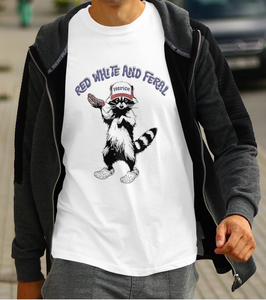 Red White And Feral Merica Raccoon Hotdog Patriotic Humor T-Shirt