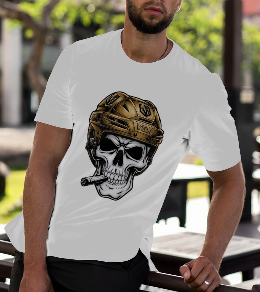 VGK Skull Helmet Vegas Golden Knights Smoking Cigar T-Shirt