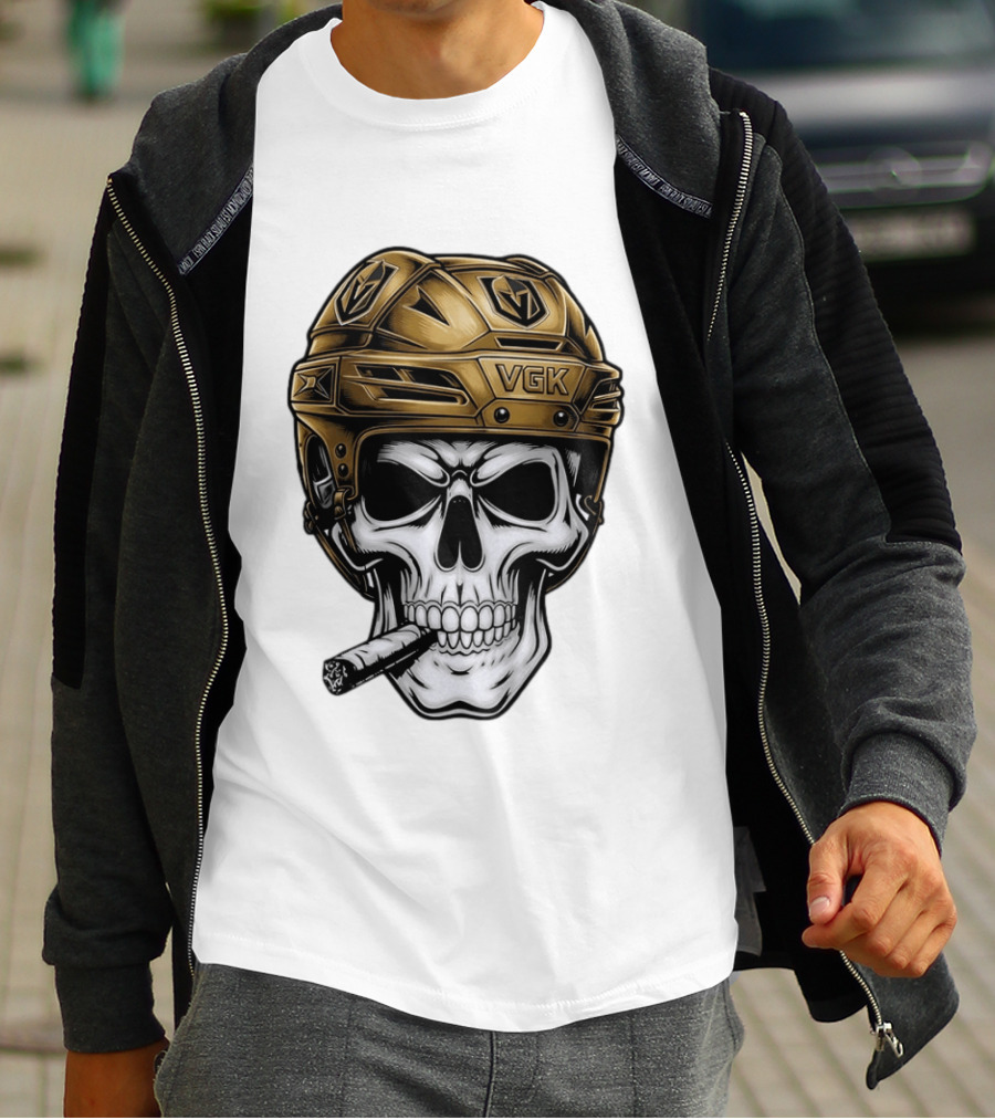 VGK Skull Helmet Vegas Golden Knights Smoking Cigar T-Shirt