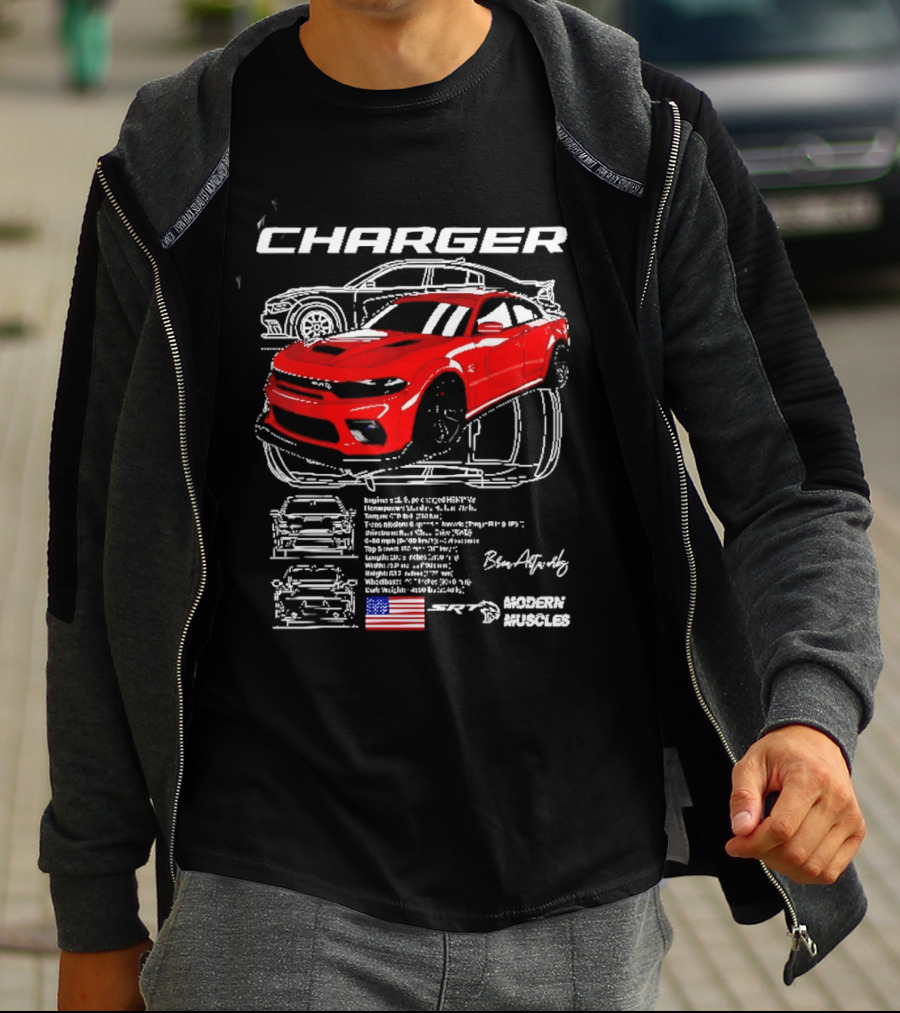 Dodge Charger Hellcat Red Modern Muscles Blueprint USA Flag T-Shirt