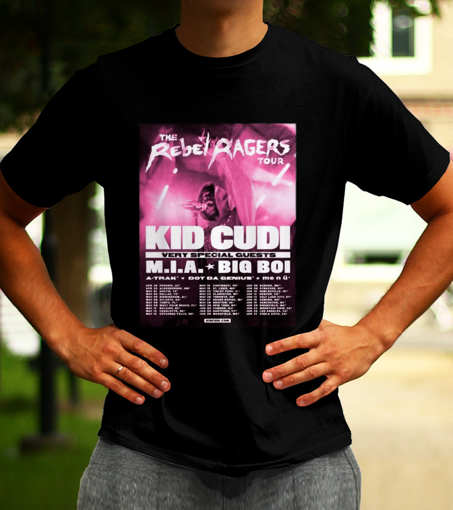 The Rebel Ragers Tour Kid Cudi 2026 Featuring M.I.A. Big Boi A Trak Dot Da Genius Tour Dates T-Shirt