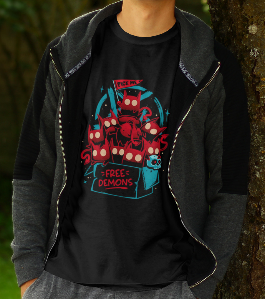 Free Demons Box Pick Me Red Monsters Cute Cartoon T-Shirt