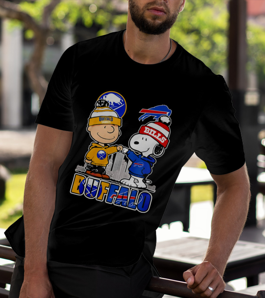 Buffalo Sabres Bills Snoopy City Skyline Collaboration With Charlie Brown T-Shirt