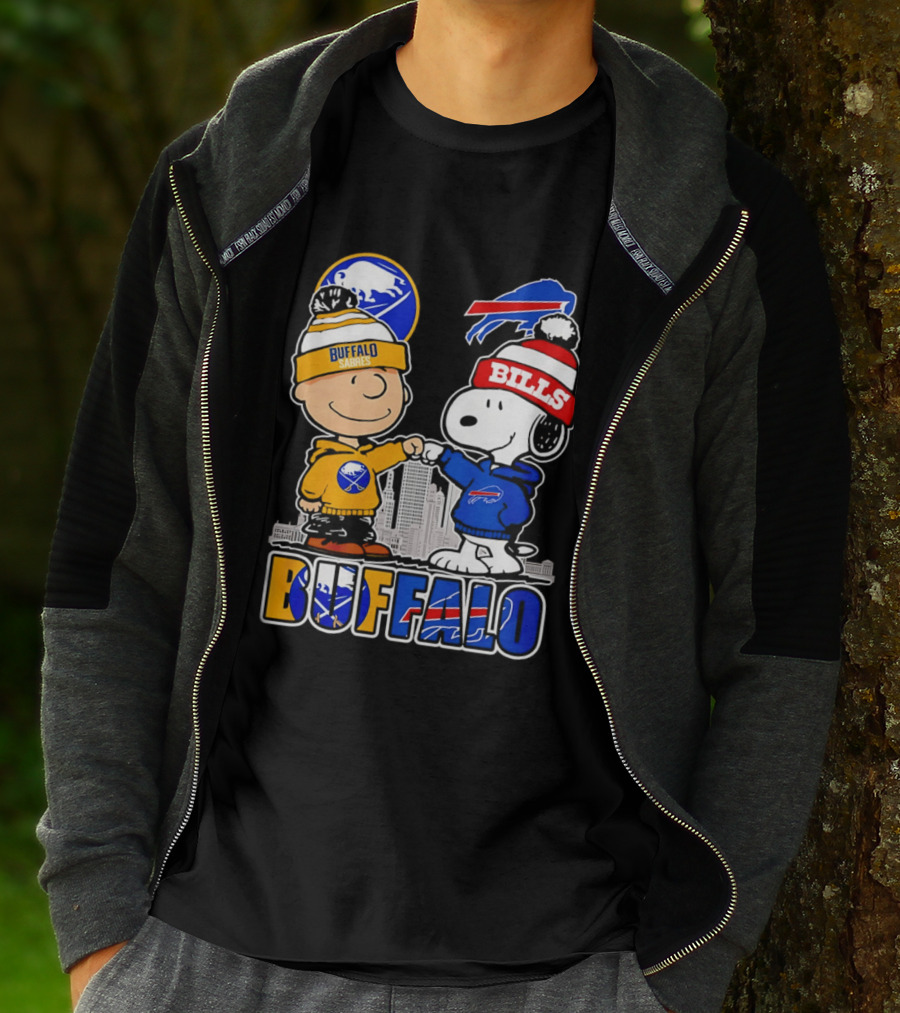 Buffalo Sabres Bills Snoopy City Skyline Collaboration With Charlie Brown T-Shirt
