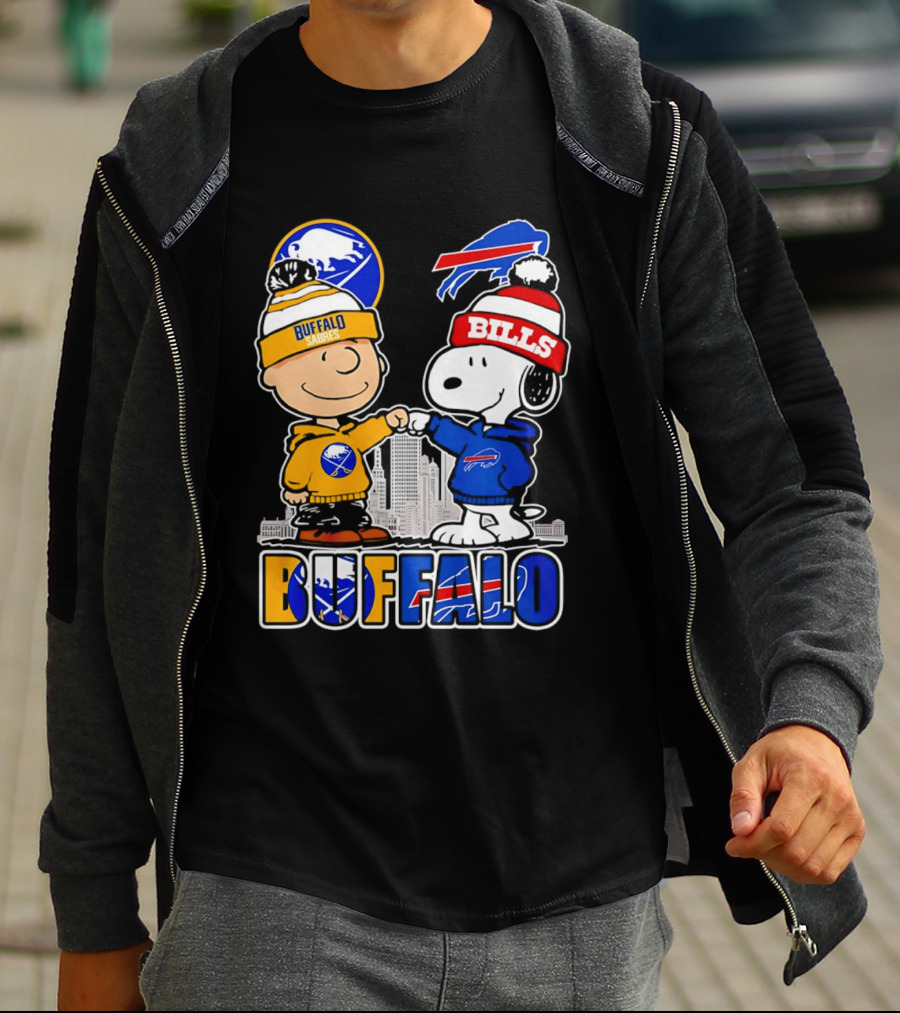 Buffalo Sabres Bills Snoopy City Skyline Collaboration With Charlie Brown T-Shirt
