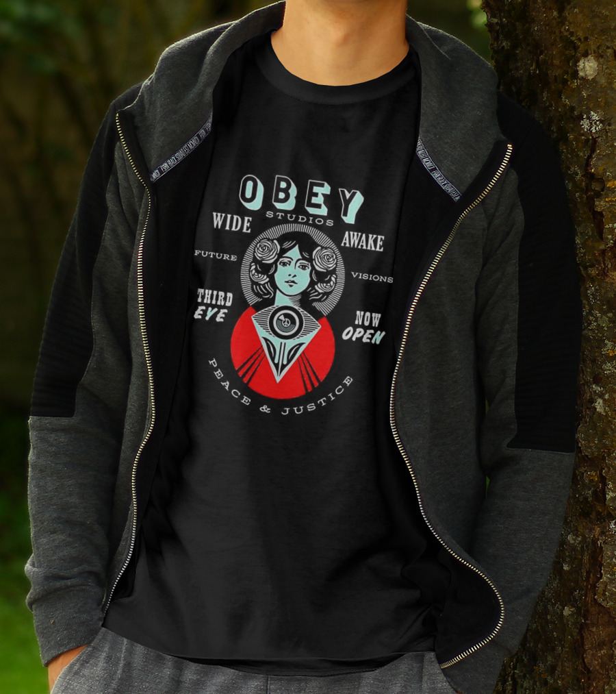 Obey Studios Wide Awake Future Visions Third Eye Now Open Peace And Justice T-Shirt