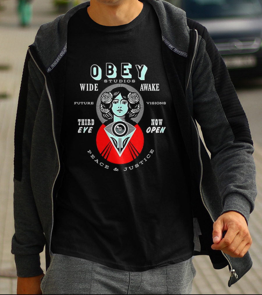 Obey Studios Wide Awake Future Visions Third Eye Now Open Peace And Justice T-Shirt