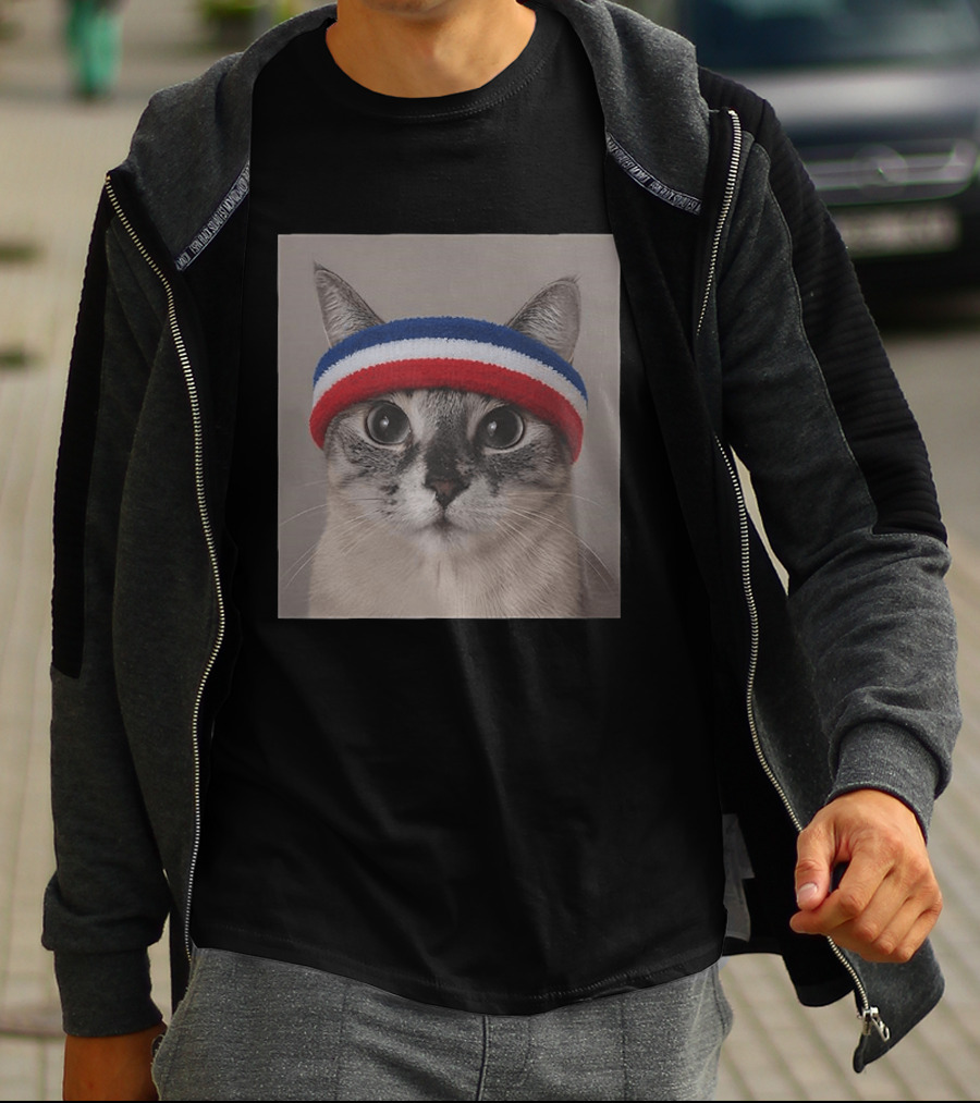 Cat Wearing Red White Blue Terry Headband T-Shirt