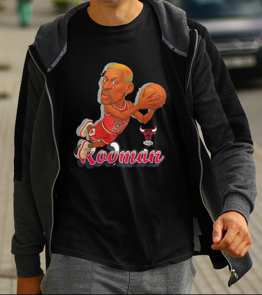 Dennis Rodman Chicago Bulls 91 Fickett Classics Windy City Cartoon T-Shirt