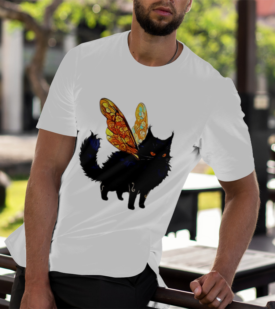 Black Cat With Colorful Fairy Wings Fantastical T-Shirt