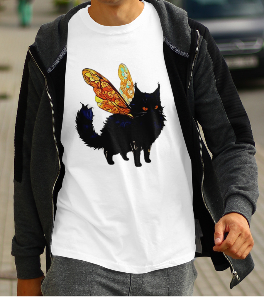 Black Cat With Colorful Fairy Wings Fantastical T-Shirt