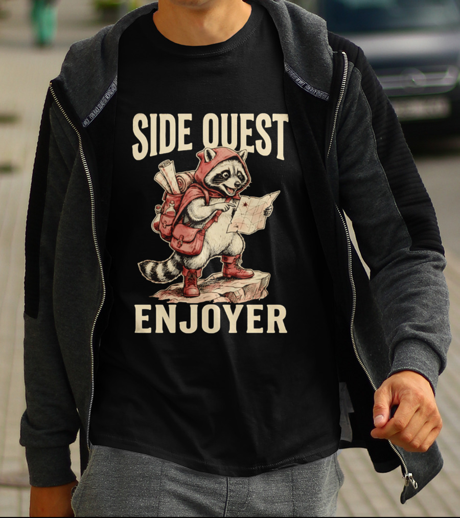 Side Quest Enjoyer Adventurer Raccoon With Map And Backpack T-Shirt