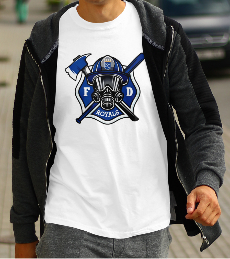 Kansas City Royals Firefighter FD Helmet Gas Mask Axe Bat T-Shirt