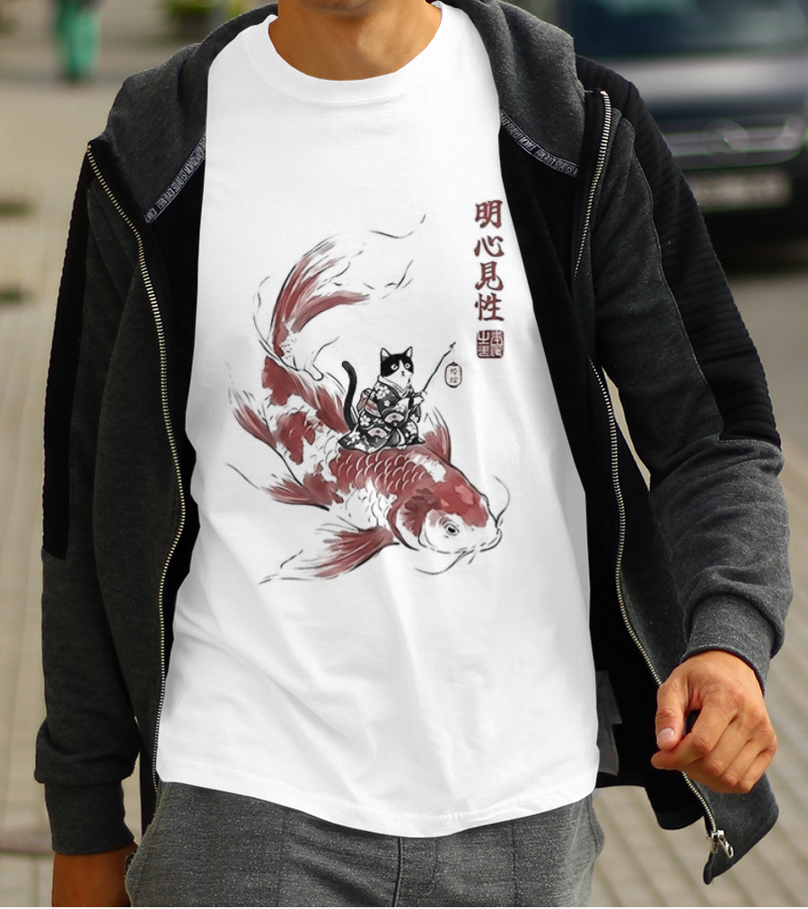 Kimono Cat Riding Koi Fish Classical Japanese T-Shirt