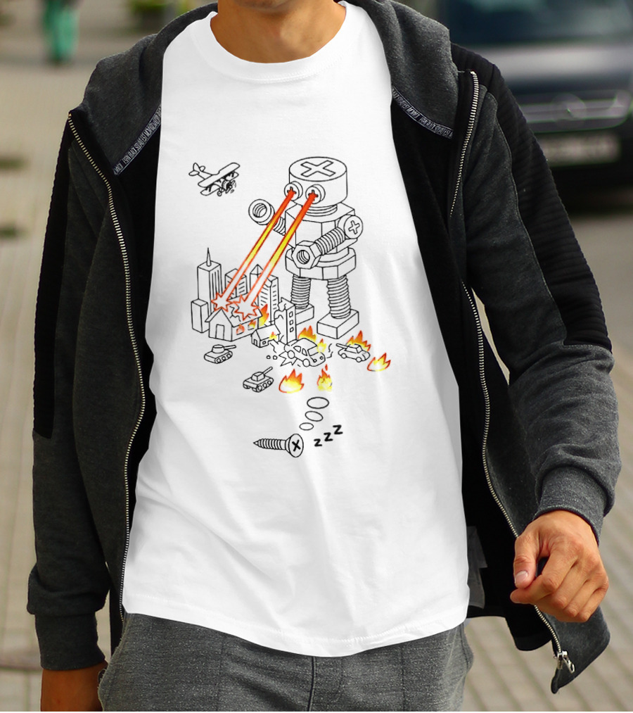 Screw Robot Destroying City Doodle Laser Eyes Fire Chaos Airplane Tanks T-Shirt