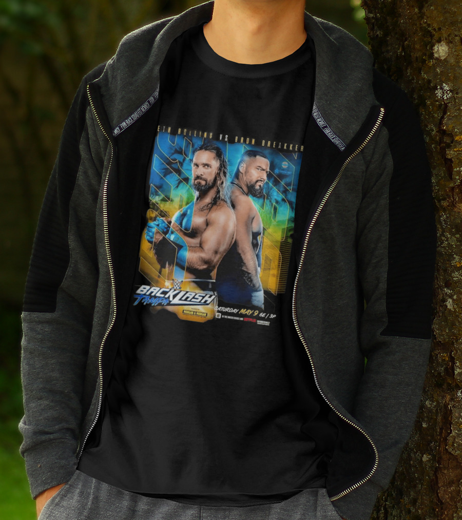 WWE Backlash Tampa 2026 Seth Rollins Vs Bron Breakker Match Card Morgan & Morgan Event T-Shirt