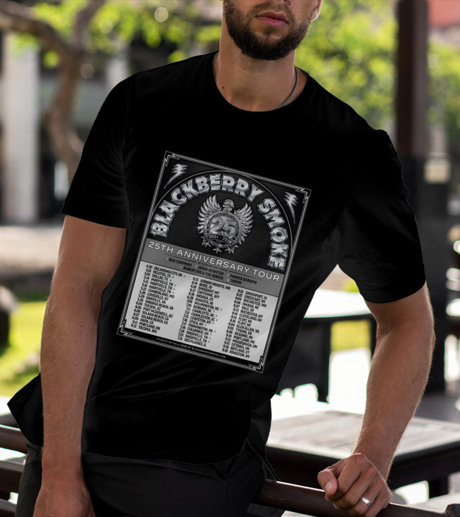 Blackberry Smoke 25th Anniversary Tour 2024 With Ben Chapman And Jason Newsted Featuring Parker Barrow And Robert Jon & The Wreck T-Shirt