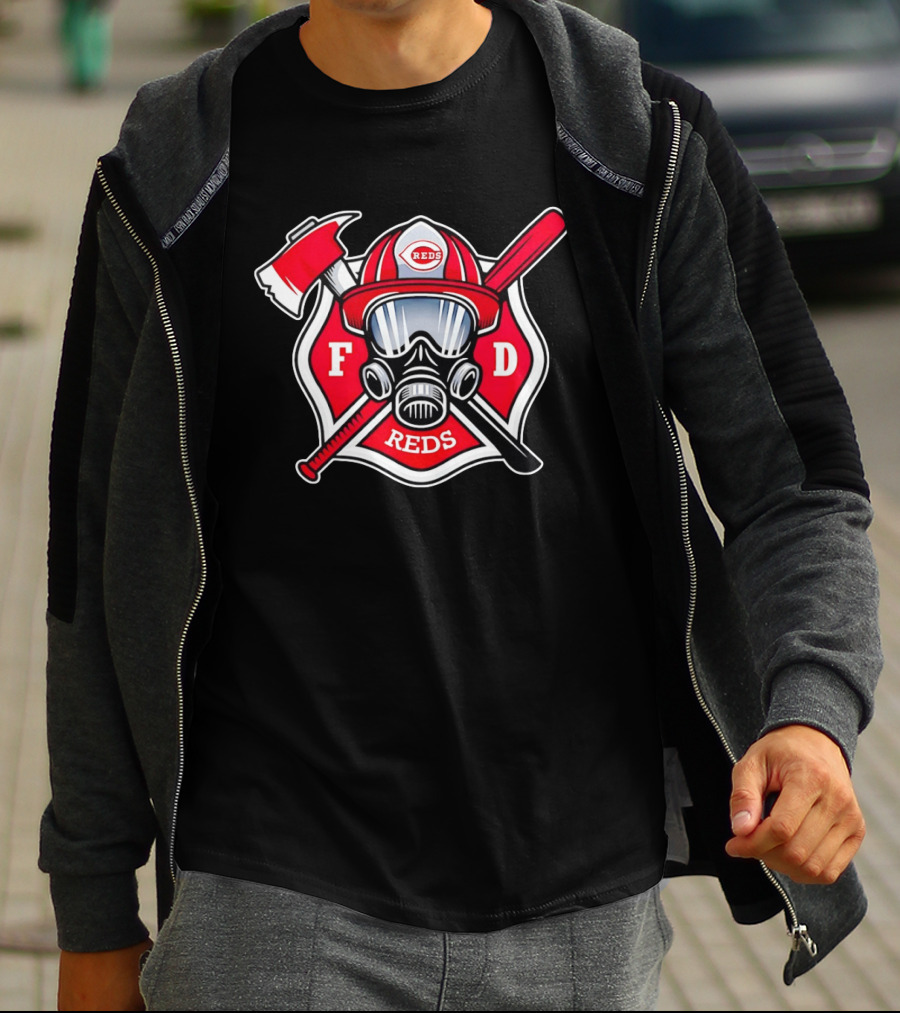 Cincinnati Reds FD Firefighter Helmet With Axe And Baseball Bat T-Shirt