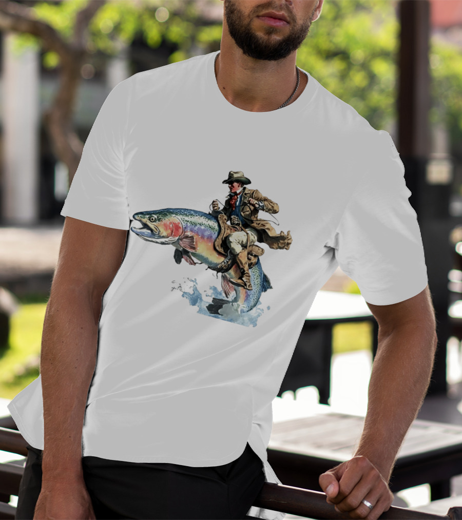 Cowboy Riding Rainbow Trout Adventure Scene T-Shirt