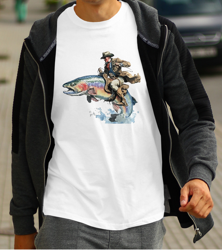 Cowboy Riding Rainbow Trout Adventure Scene T-Shirt
