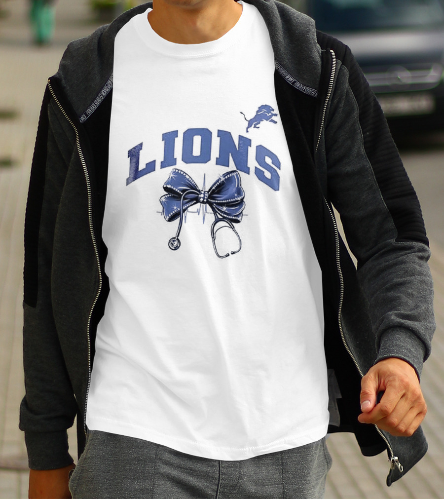 Detroit Lions Nurse By Heart By Soul With Stethoscope And Bow T-Shirt
