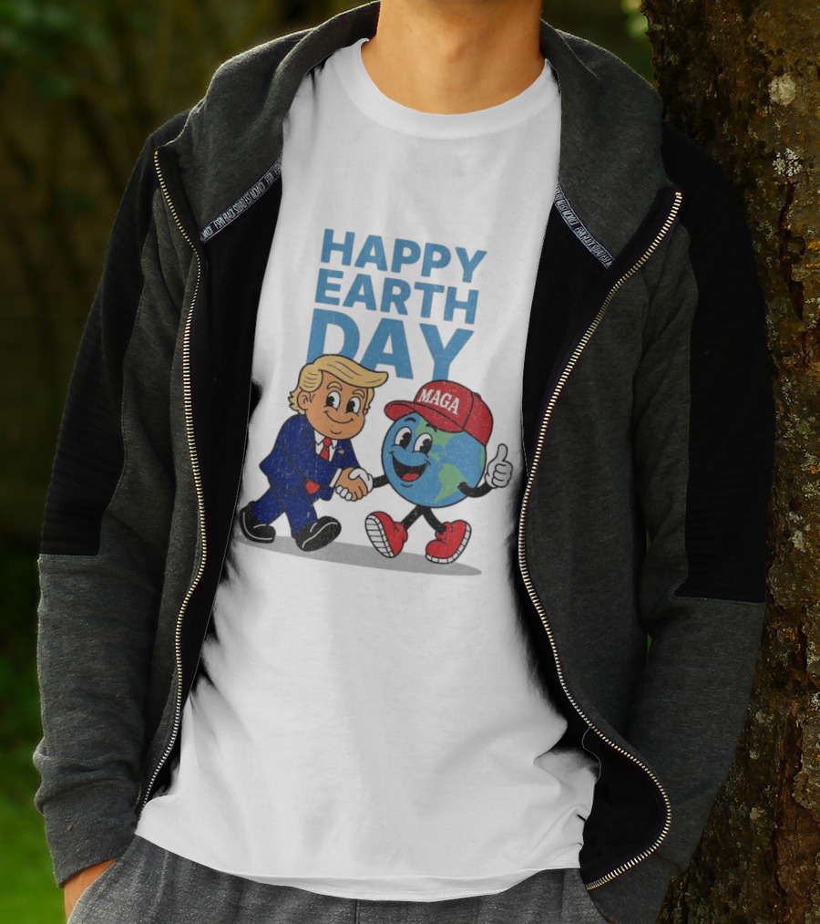 Happy Earth Day Trump MAGA Earth Cartoon Shaking Hands T-Shirt