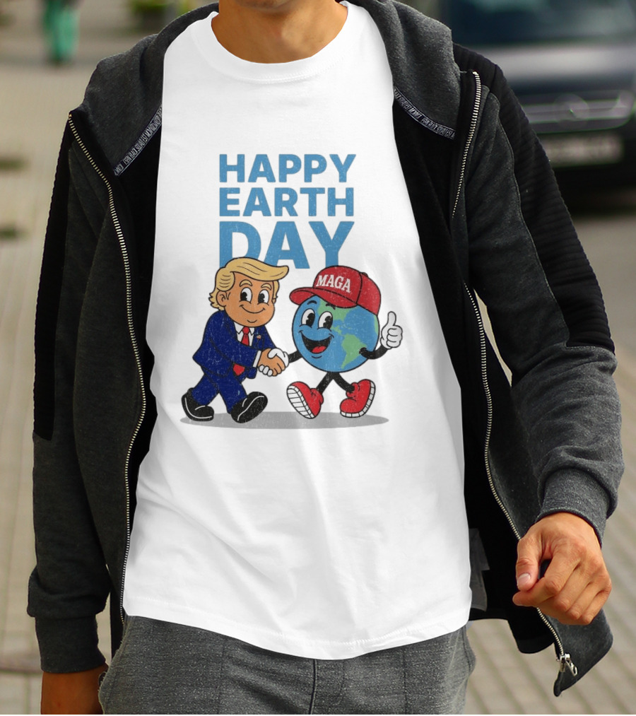 Happy Earth Day Trump MAGA Earth Cartoon Shaking Hands T-Shirt