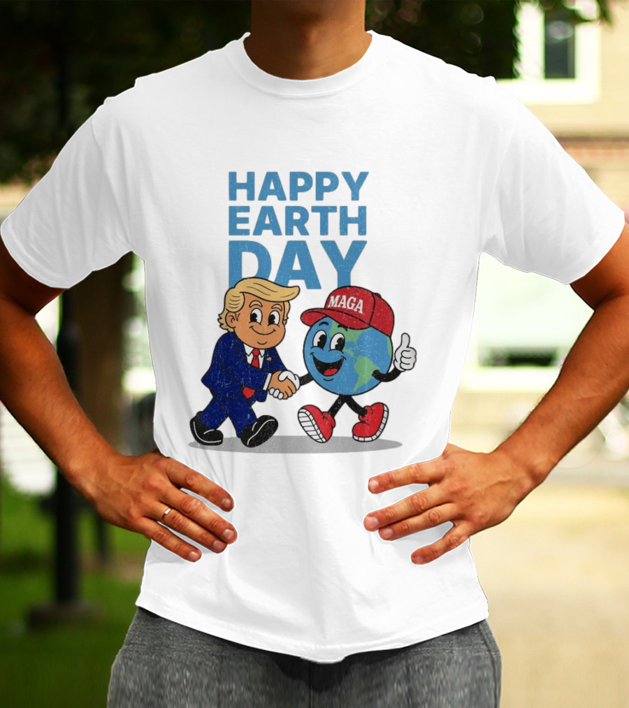Happy Earth Day Trump MAGA Earth Cartoon Shaking Hands T-Shirt