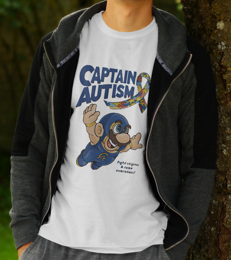 Captain Autism Super Mario Puzzle Ribbon Flying Awareness T-Shirt