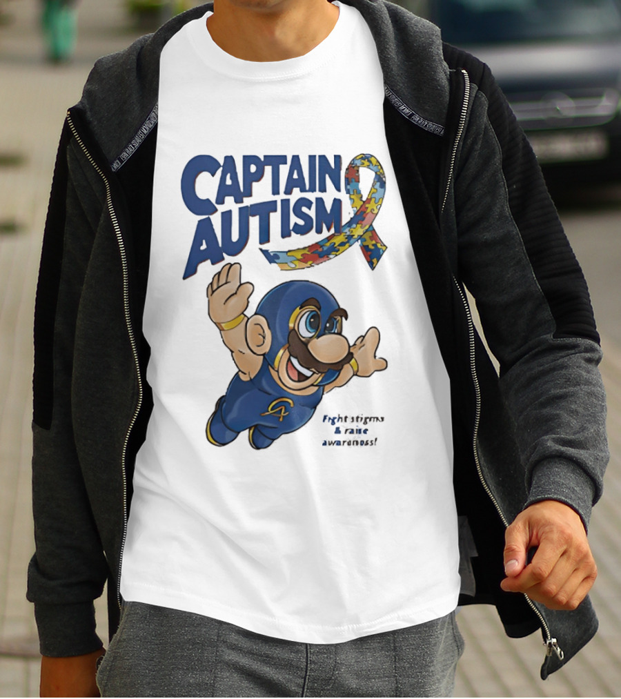 Captain Autism Super Mario Puzzle Ribbon Flying Awareness T-Shirt