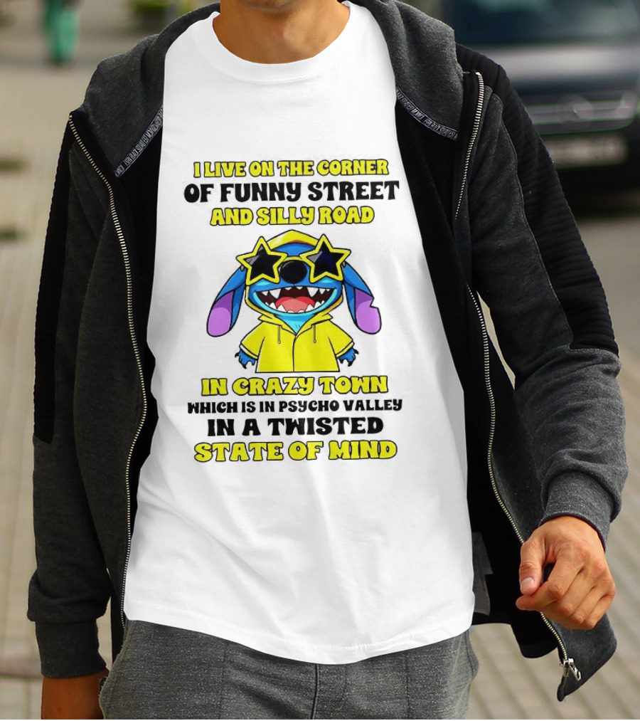 I Live On The Corner Of Funny Street And Silly Road In Crazy Town Twisted State Of Mind T-Shirt