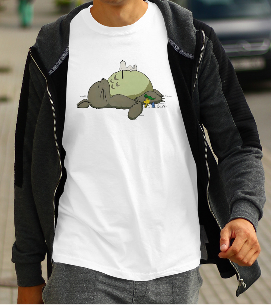Totoro And Snoopy Sleeping With Woodstock And Classic Cartoon Characters T-Shirt