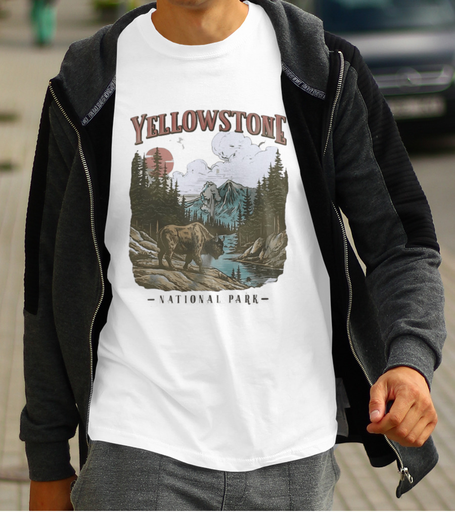 Yellowstone National Park Wild Buffalo By Stream Scenic Landscape T-Shirt