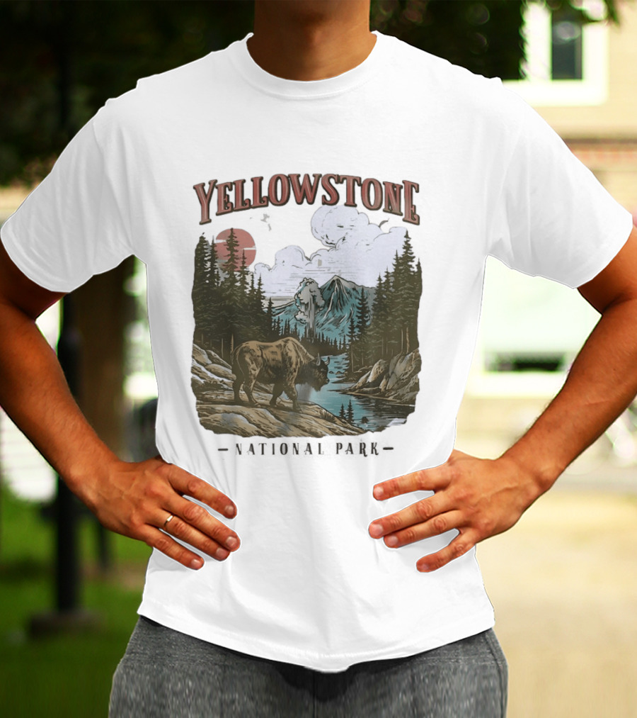 Yellowstone National Park Wild Buffalo By Stream Scenic Landscape T-Shirt